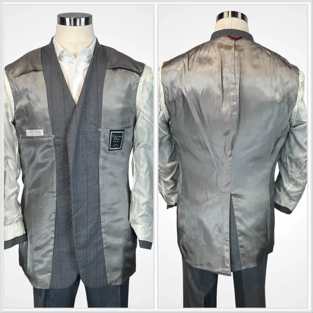 Vtg Christian Dior Monsieur Suit 42L 35x32 Gray Stripe Virgin Wool Designer